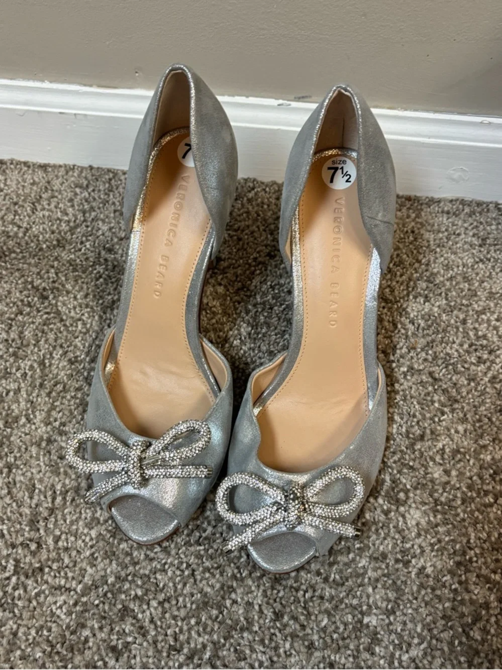 Veronica Beard Gadot Metallic Silver Rhinestone Bow Peep‎ Toe Heels